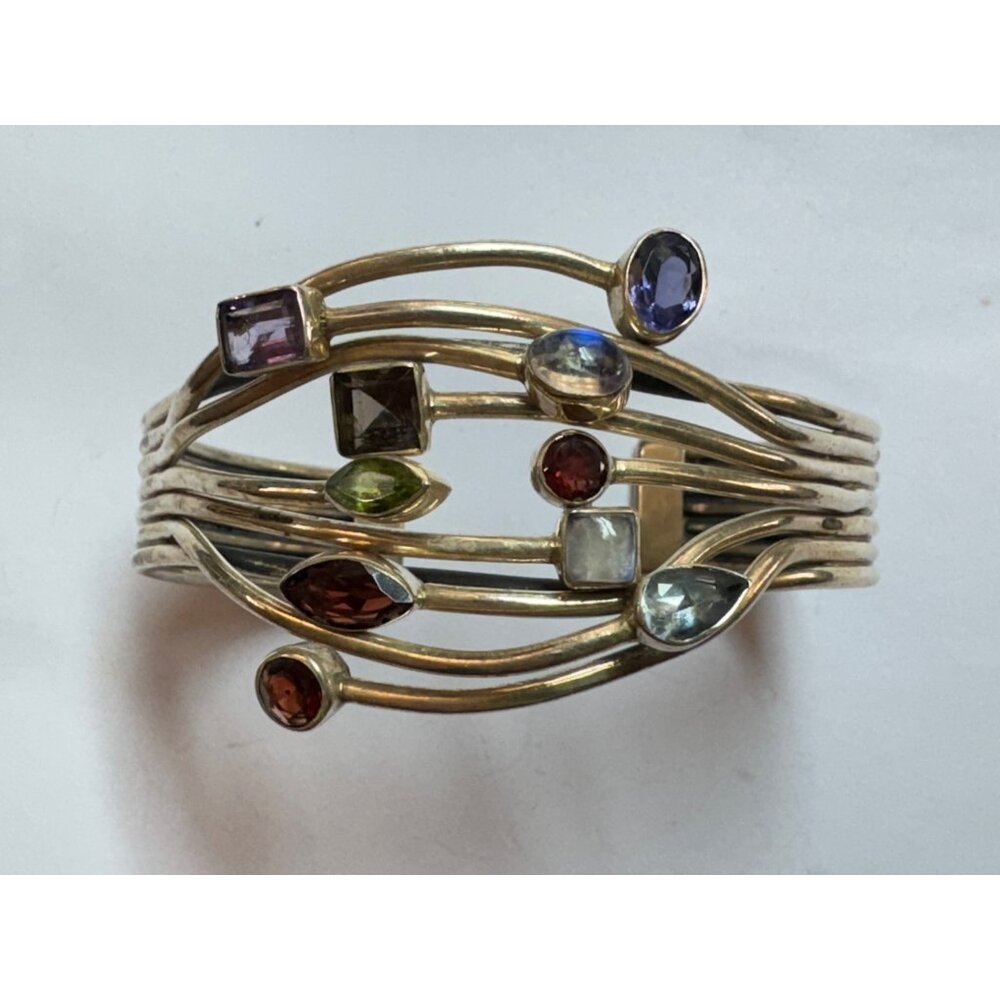 Size 6 Unbranded 925 Sterling Silver Bangle Bracelet w/ Multiple Gemstones